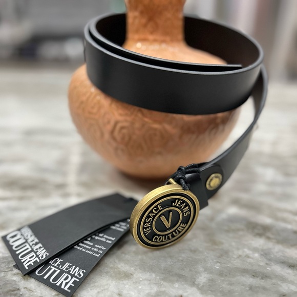 NWT Versace Brushed Brass Plaque Buckle Genuine Leather Made in Italy Belt - Picture 10 of 11